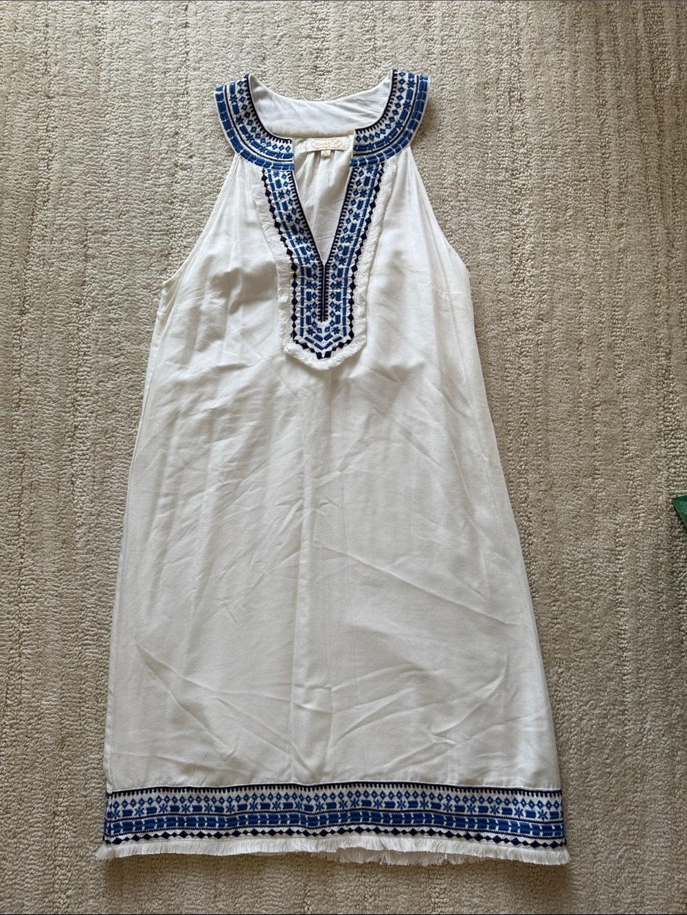 Mud Pie White Sleeveless Mini Dress with Blue Embroidery
